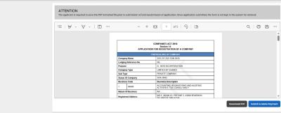 CRS Preview Submission screen showing the draft Section 14 application PDF with the Download PDF and Submit & Make Payment buttons