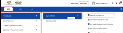 CRS Application menu with ROC, Name Search and New Incorporation highlighted