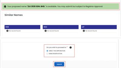 CRS name search result saying the proposed name is available, with the Direct Incorporation option selected above the Submit button
