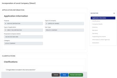 CRS Incorporation of Local Company (Direct) form showing the Application Information section and the navigation list of form sections